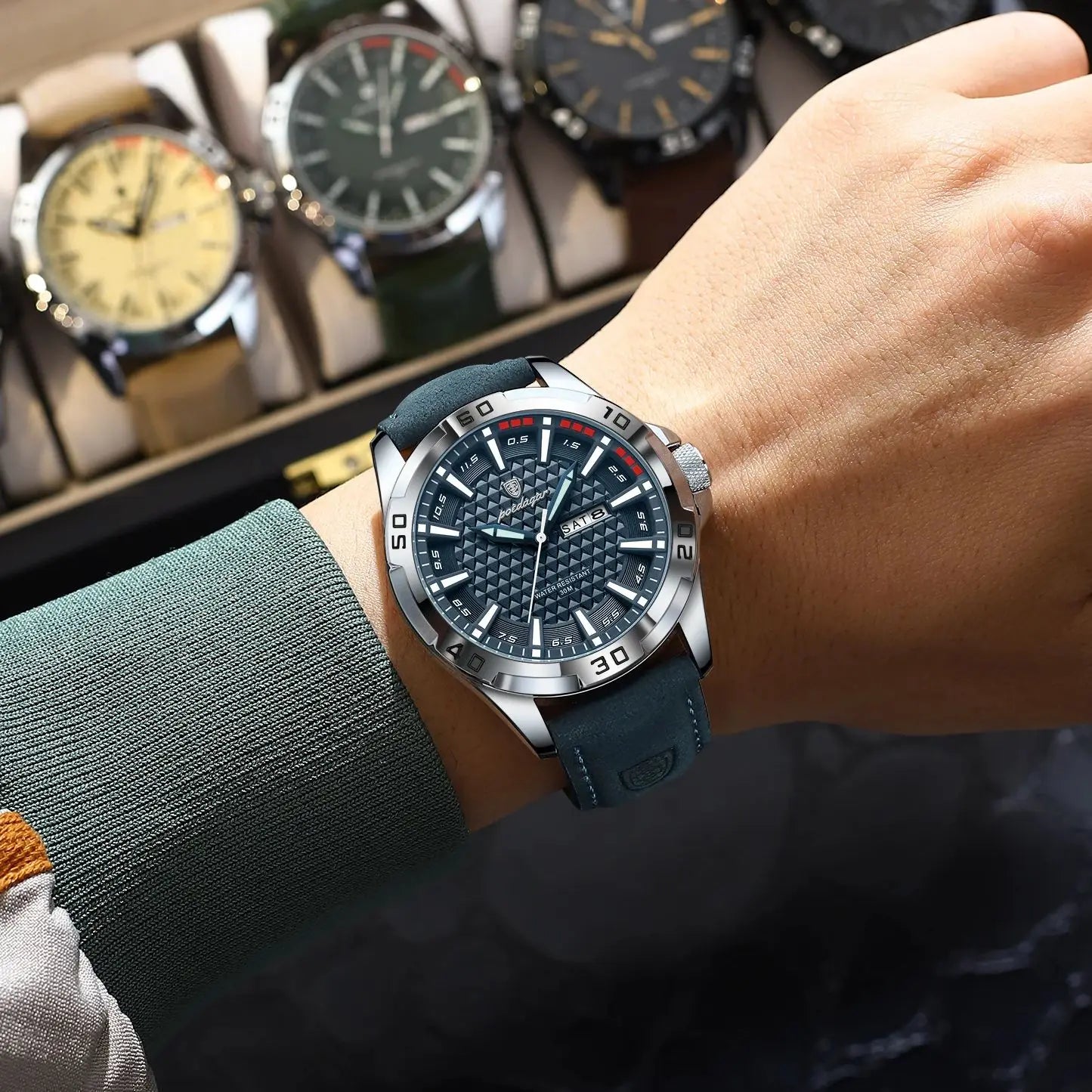 POEDAGAR Original homme montre-bracelet haut de gamme étanche lumineux Date semaine montre pour hommes Quartz Sport cuir hommes montres Reloj