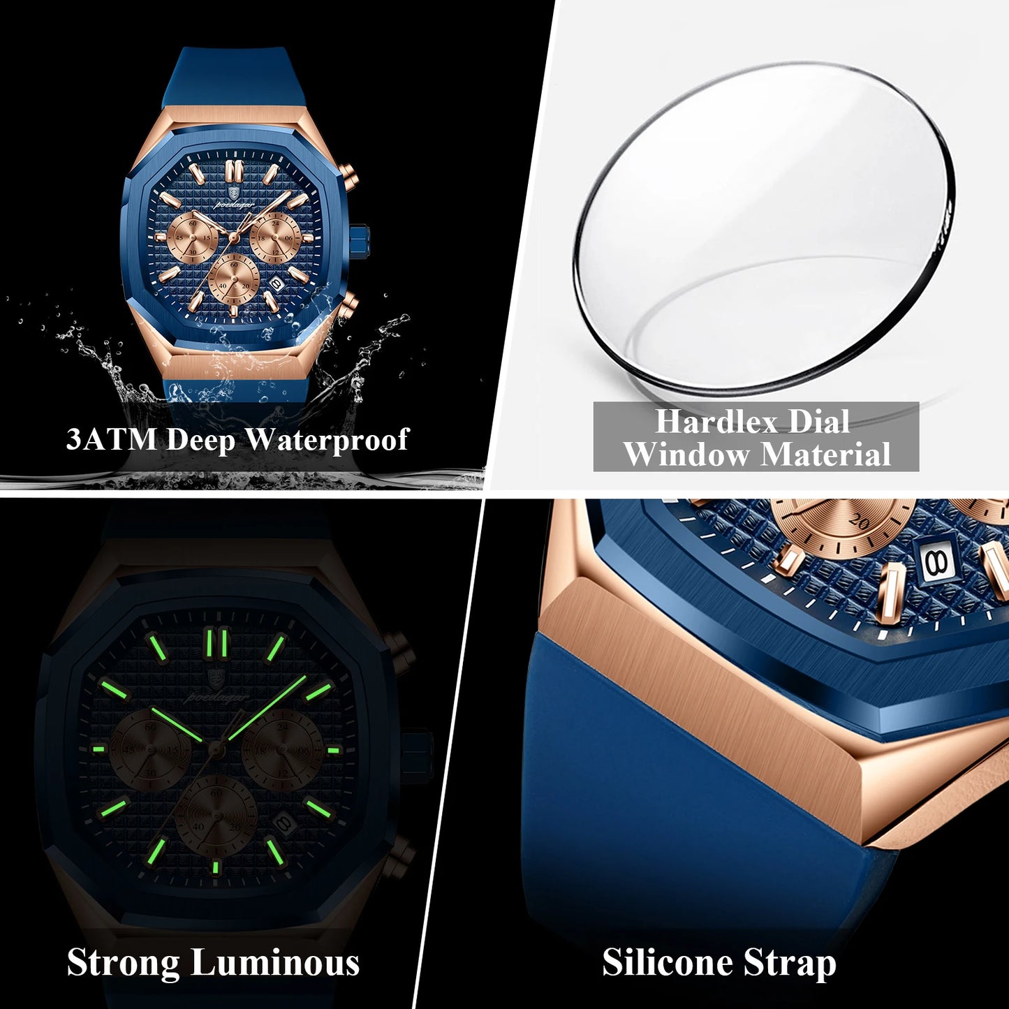 POEDAGAR affaires Quartz montre pour homme chronographe Date bracelet en Silicone homme montre étanche militaire lumineux montres pour hommes