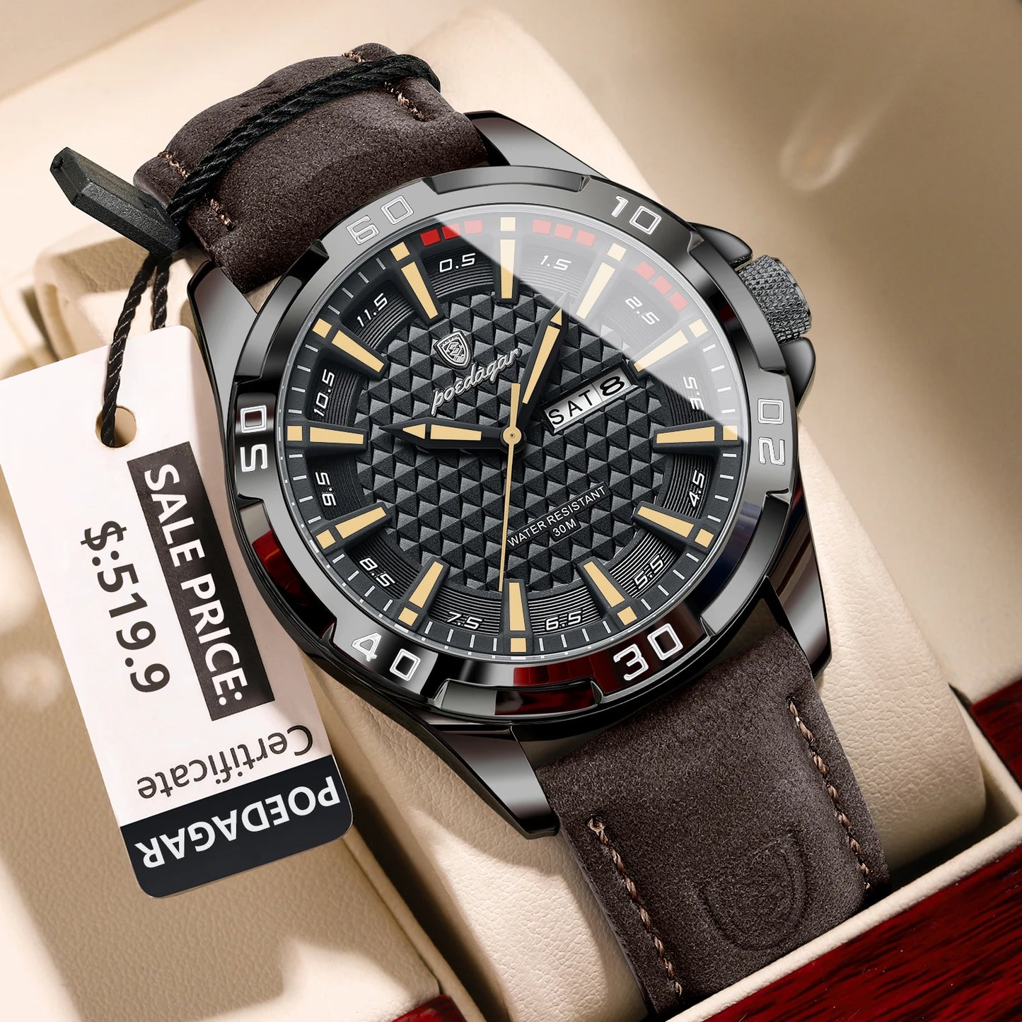 POEDAGAR Original homme montre-bracelet haut de gamme étanche lumineux Date semaine montre pour hommes Quartz Sport cuir hommes montres Reloj