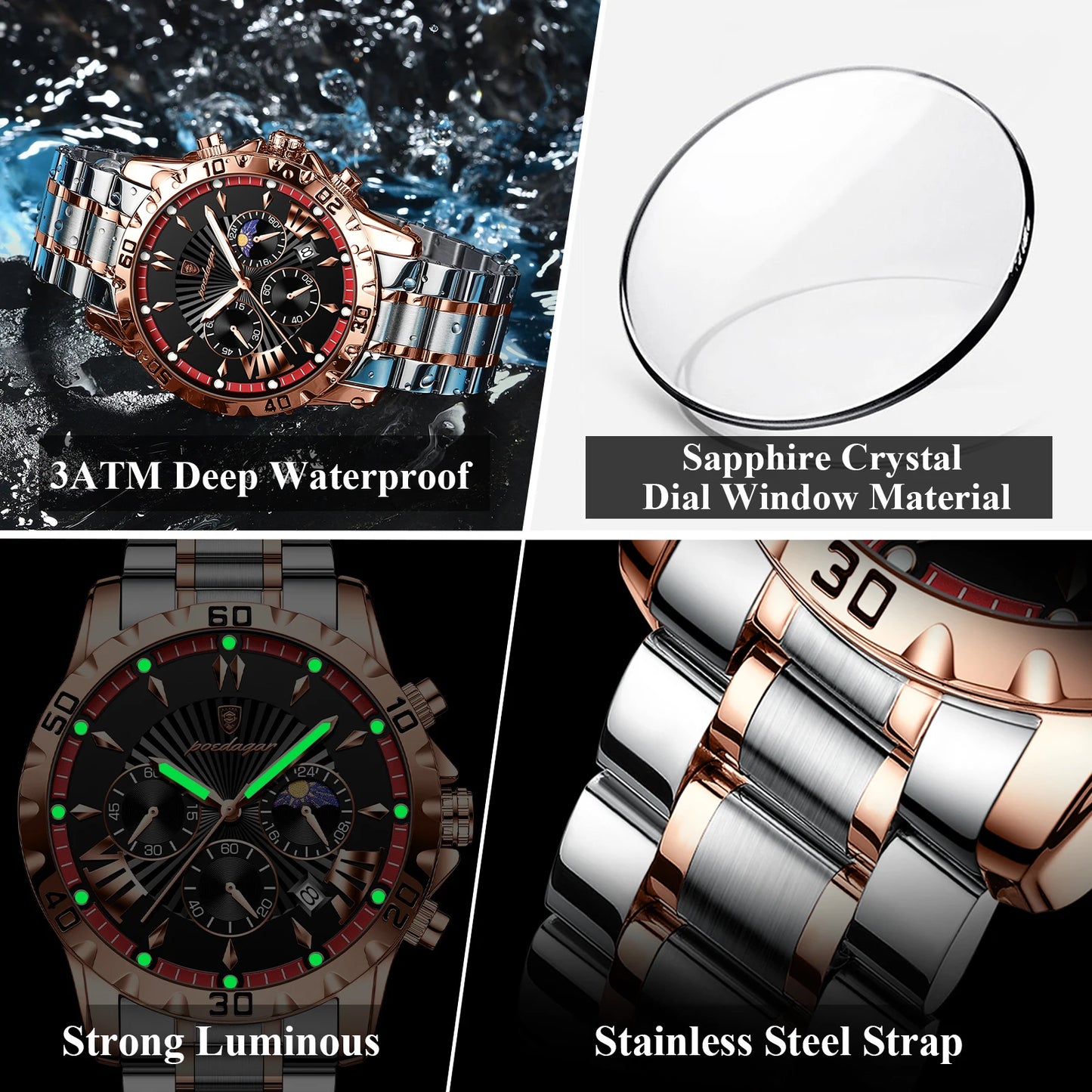 POEDAGAR montre de luxe de haute qualité pour homme étanche chronographe lumineux Date hommes montre en acier inoxydable Quartz montres pour hommes
