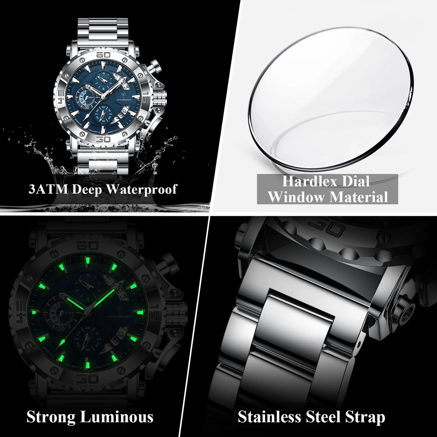 POEDAGAR montre de luxe pour hommes calendrier lumineux étanche homme horloge mâle chronographe acier inoxydable hommes montres à Quartz Reloj