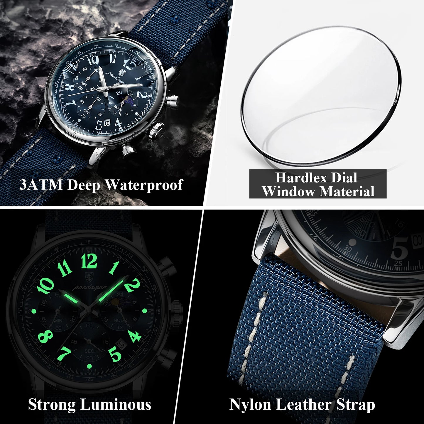 POEDAGAR luxe sport militaire hommes montre étanche lumineux chronographe Nylon cuir Date homme montre-bracelet Quartz hommes montres