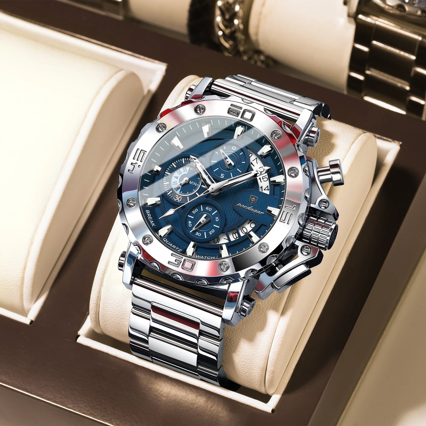 POEDAGAR montre de luxe pour hommes calendrier lumineux étanche homme horloge mâle chronographe acier inoxydable hommes montres à Quartz Reloj
