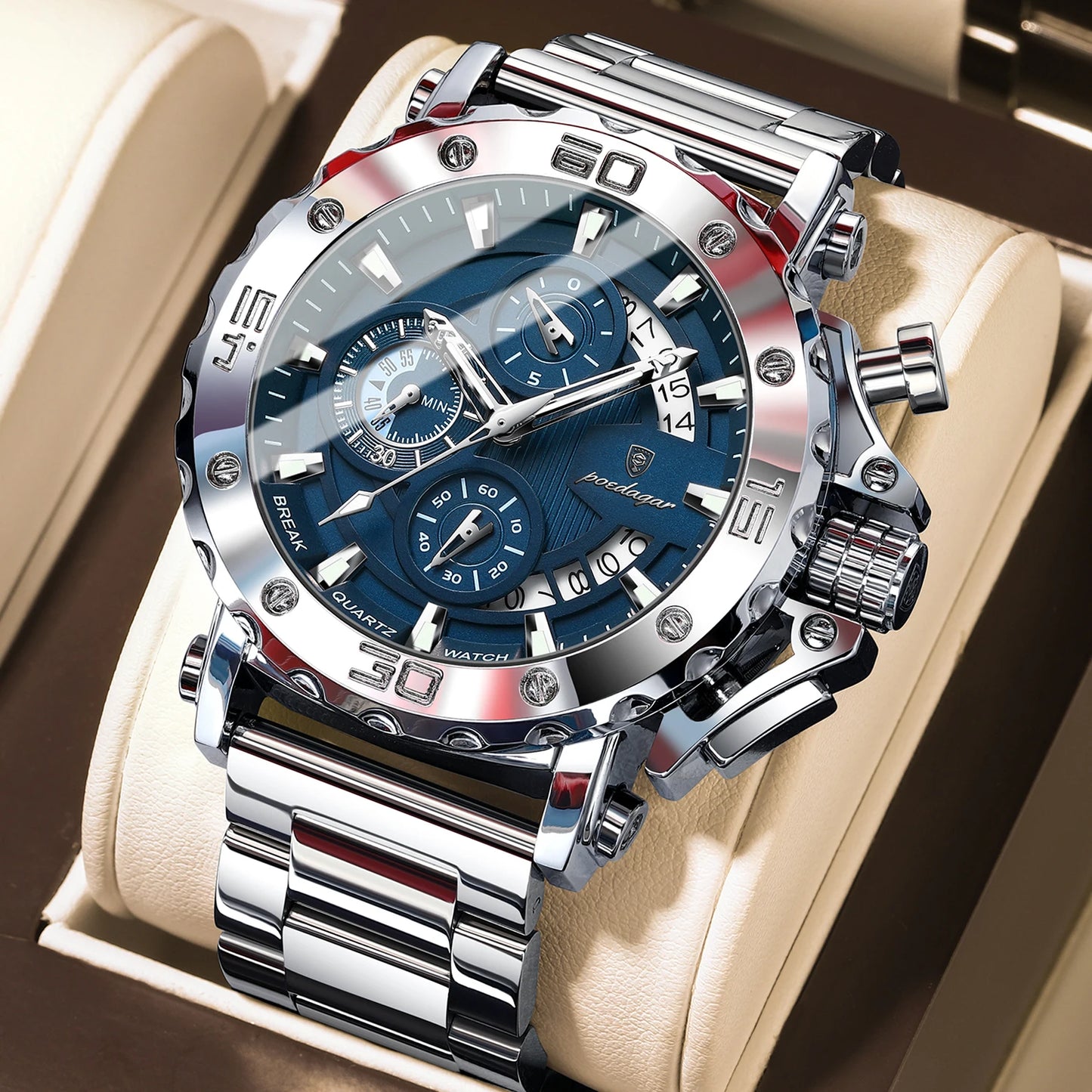 POEDAGAR montre de luxe pour hommes calendrier lumineux étanche homme horloge mâle chronographe acier inoxydable hommes montres à Quartz Reloj