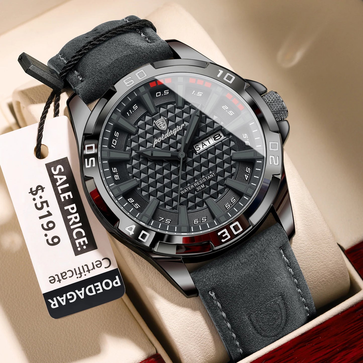 POEDAGAR Original homme montre-bracelet haut de gamme étanche lumineux Date semaine montre pour hommes Quartz Sport cuir hommes montres Reloj