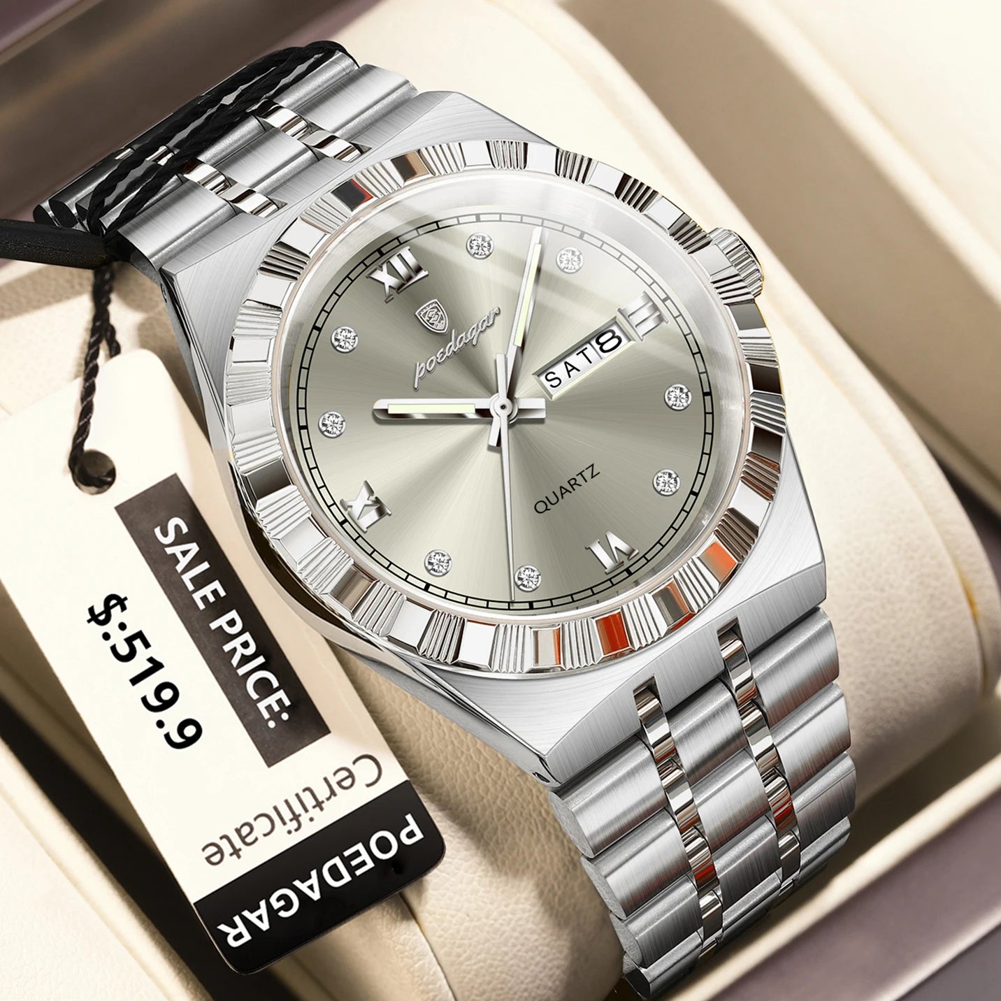 POEDAGAR luxe affaires homme montre étanche lumineux semaine Date montre pour homme en acier inoxydable à la mode montres à Quartz pour hommes