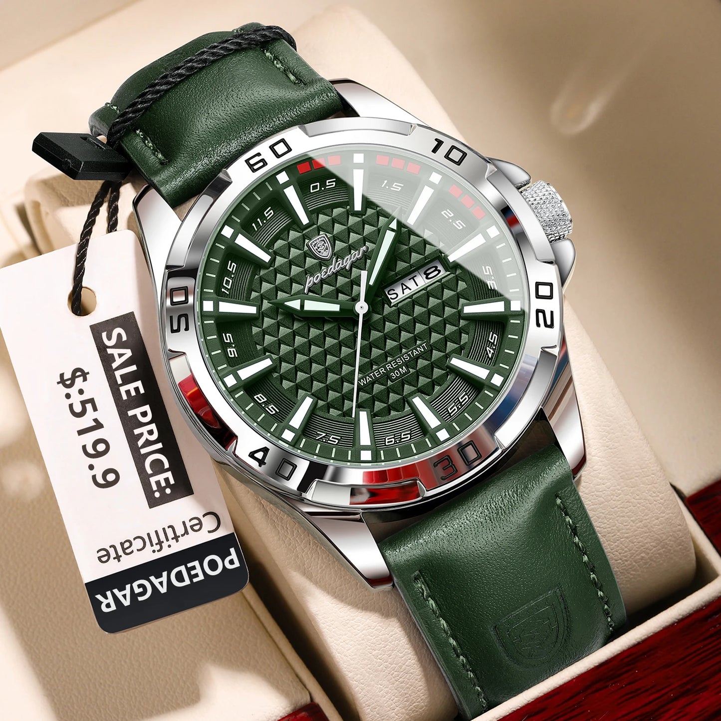 POEDAGAR Original homme montre-bracelet haut de gamme étanche lumineux Date semaine montre pour hommes Quartz Sport cuir hommes montres Reloj