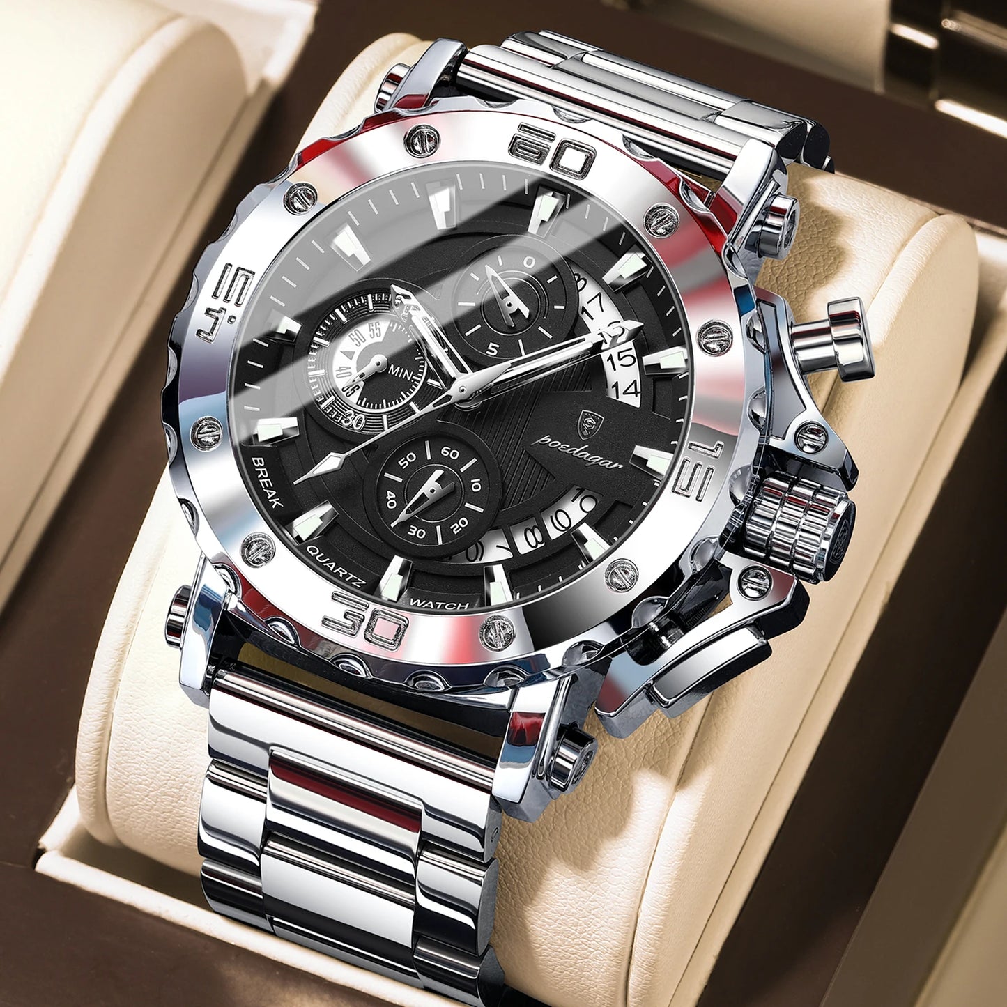 POEDAGAR montre de luxe pour hommes calendrier lumineux étanche homme horloge mâle chronographe acier inoxydable hommes montres à Quartz Reloj