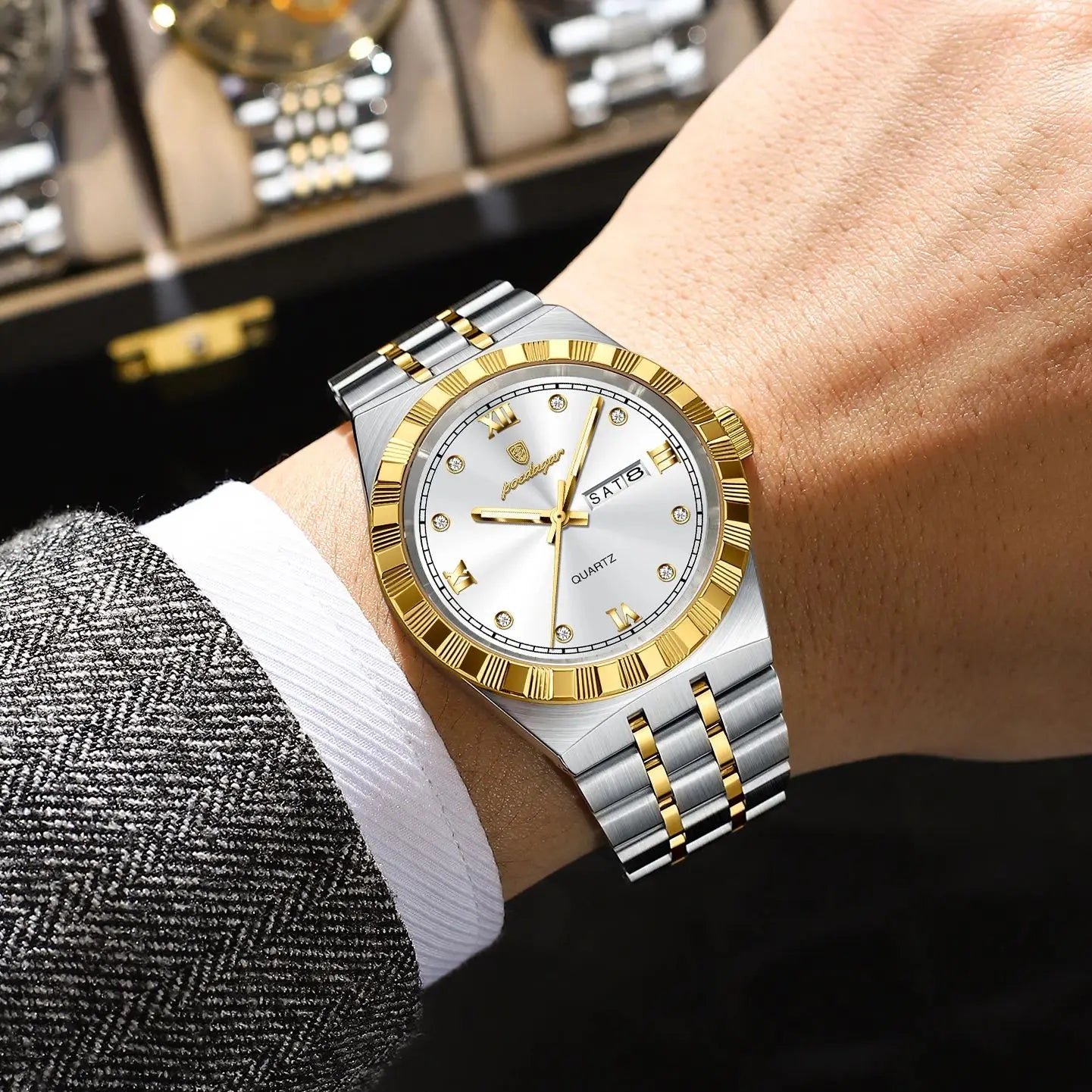 POEDAGAR luxe affaires homme montre étanche lumineux semaine Date montre pour homme en acier inoxydable à la mode montres à Quartz pour hommes