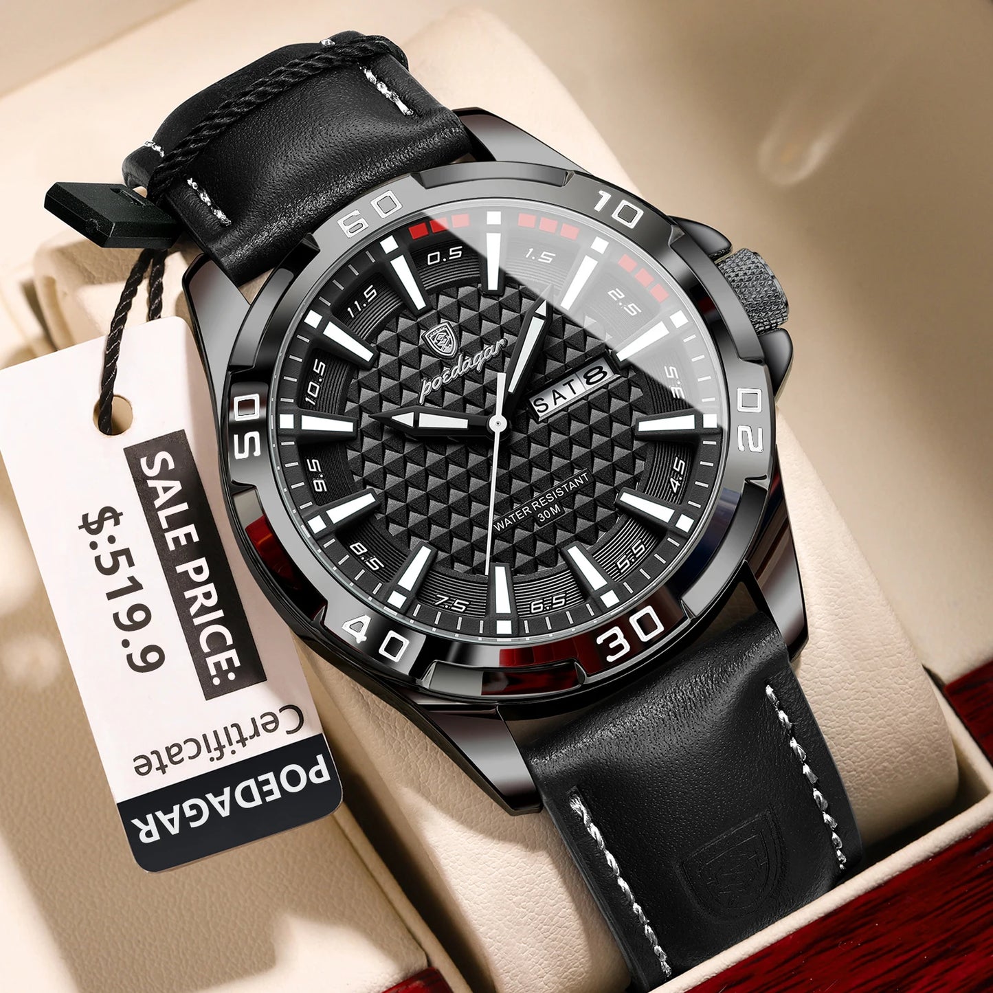 POEDAGAR Original homme montre-bracelet haut de gamme étanche lumineux Date semaine montre pour hommes Quartz Sport cuir hommes montres Reloj