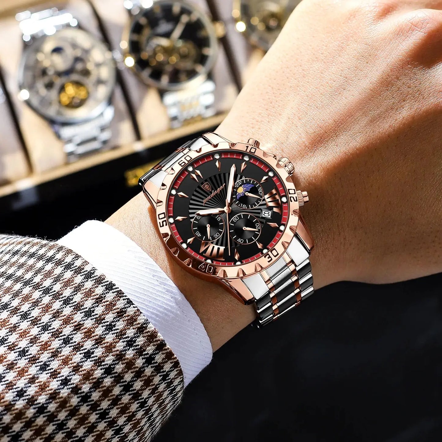 POEDAGAR montre de luxe de haute qualité pour homme étanche chronographe lumineux Date hommes montre en acier inoxydable Quartz montres pour hommes