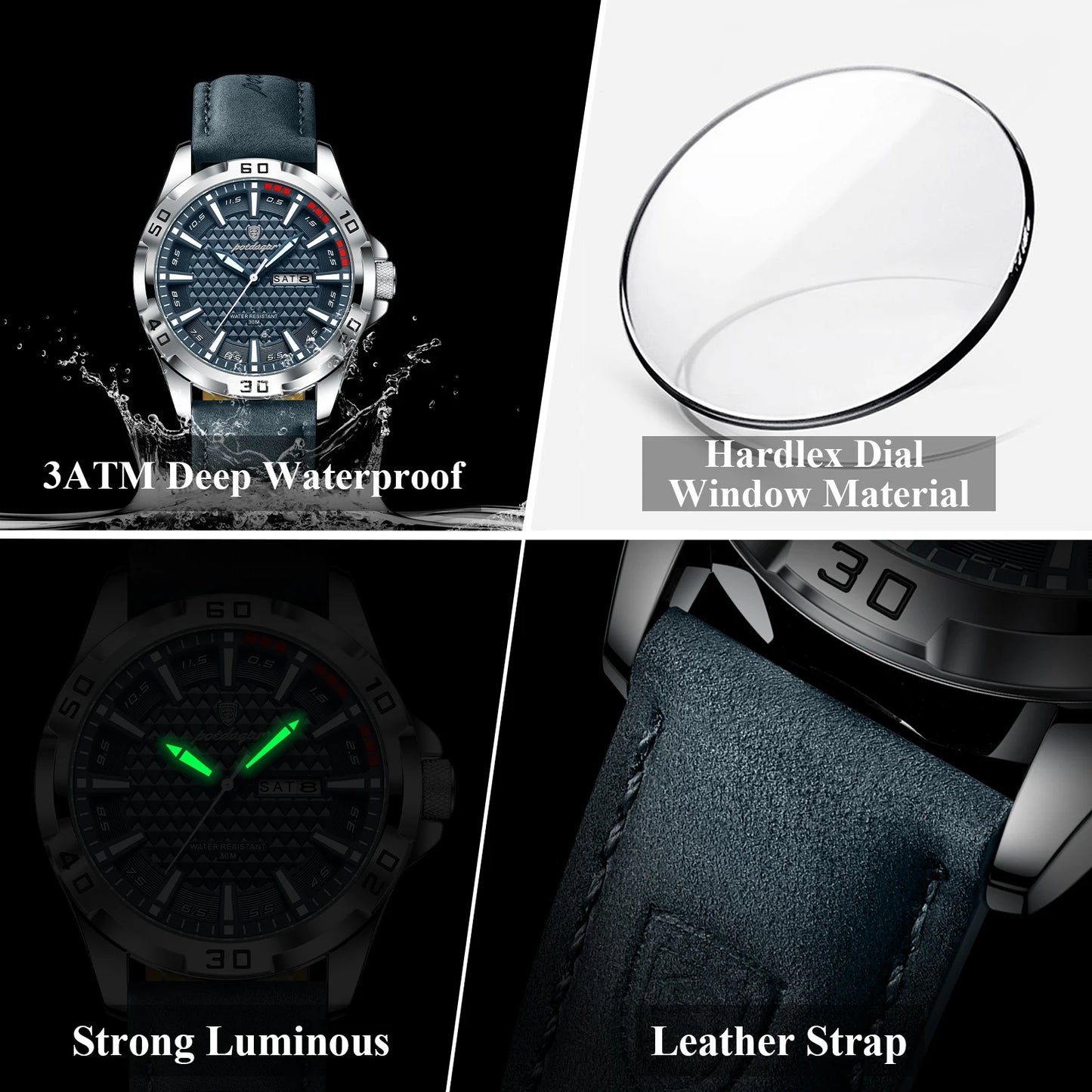 POEDAGAR Original homme montre-bracelet haut de gamme étanche lumineux Date semaine montre pour hommes Quartz Sport cuir hommes montres Reloj