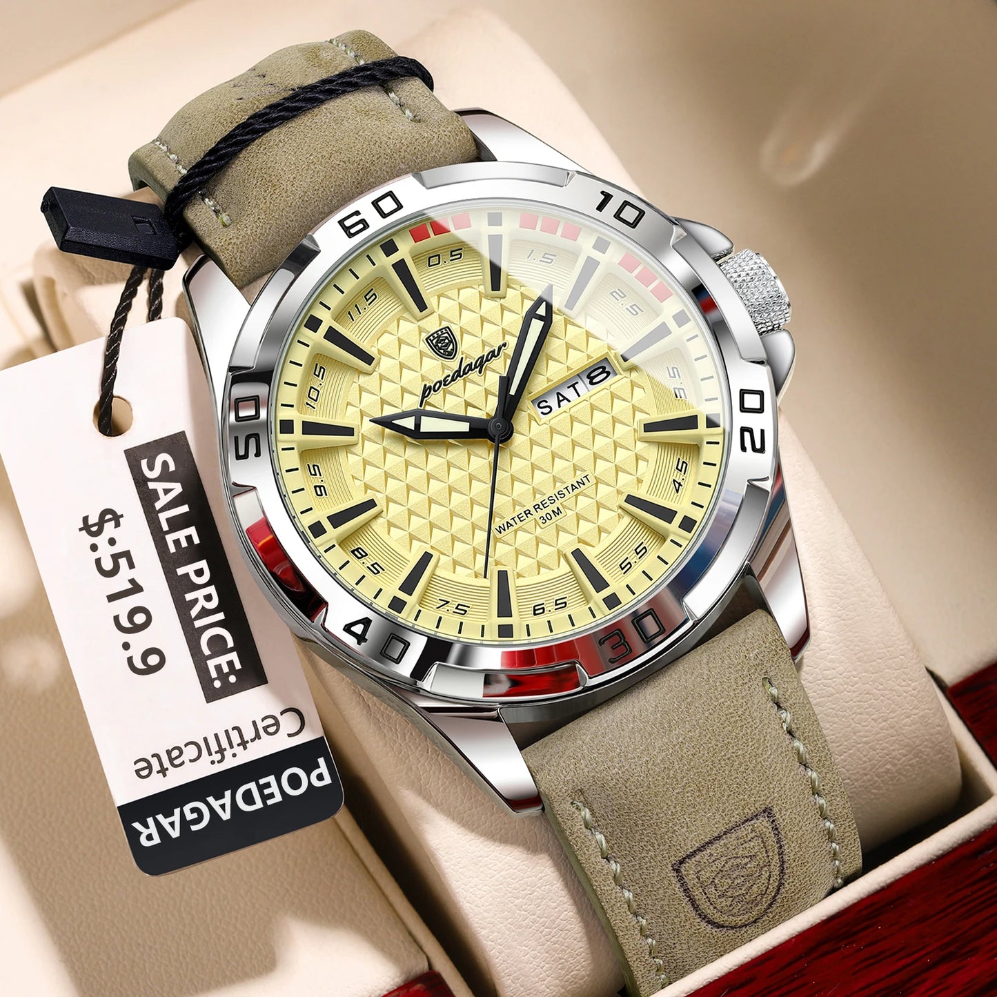 POEDAGAR Original homme montre-bracelet haut de gamme étanche lumineux Date semaine montre pour hommes Quartz Sport cuir hommes montres Reloj