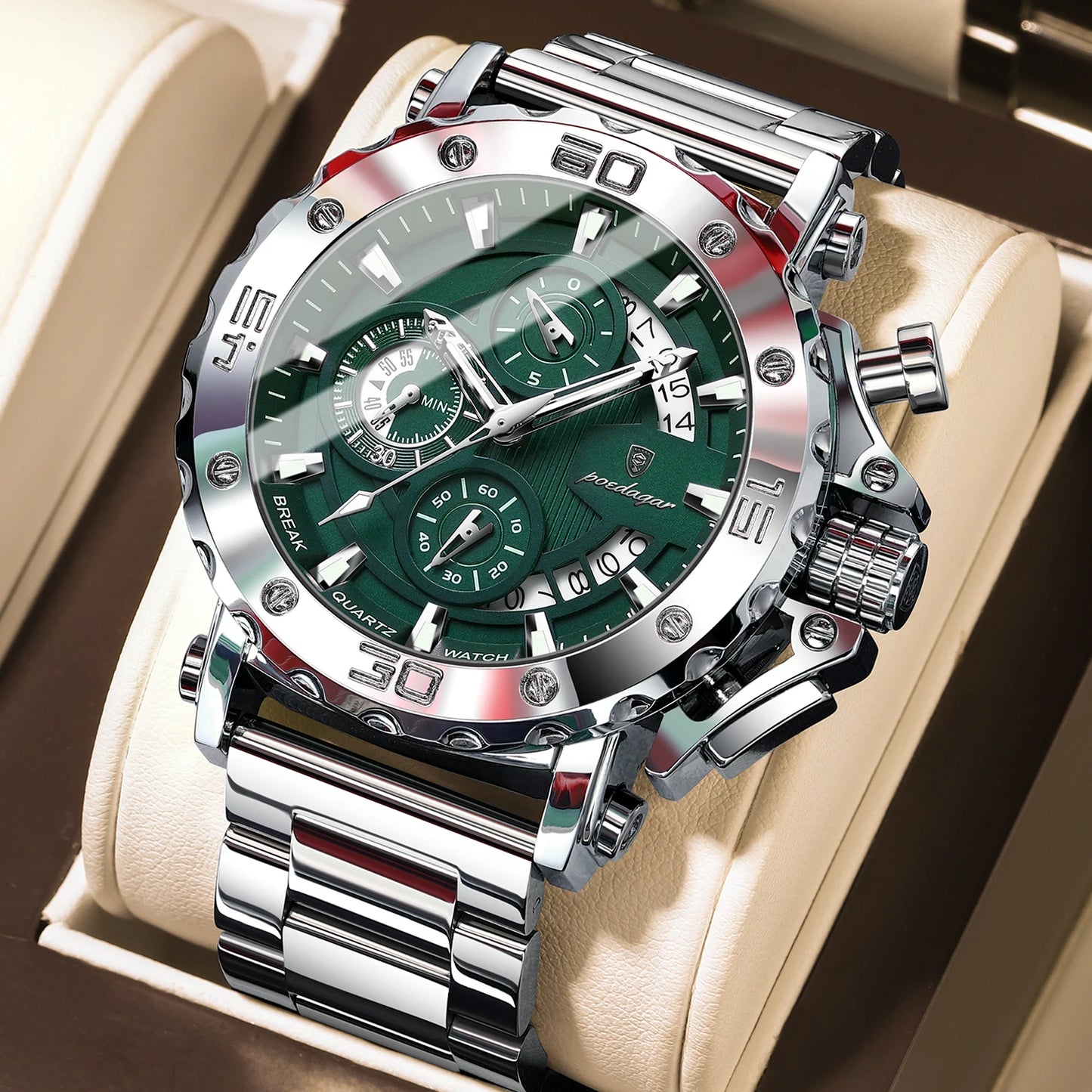 POEDAGAR montre de luxe pour hommes calendrier lumineux étanche homme horloge mâle chronographe acier inoxydable hommes montres à Quartz Reloj