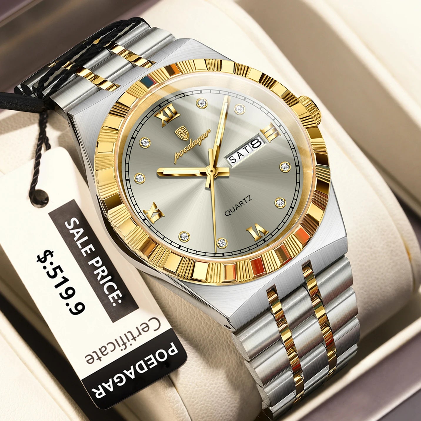 POEDAGAR luxe affaires homme montre étanche lumineux semaine Date montre pour homme en acier inoxydable à la mode montres à Quartz pour hommes
