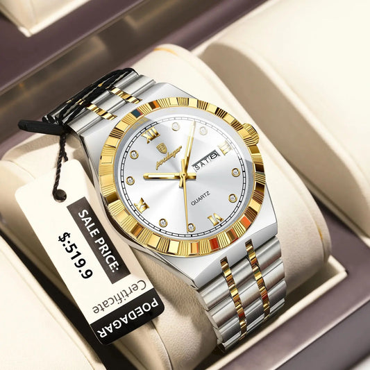 POEDAGAR luxe affaires homme montre étanche lumineux semaine Date montre pour homme en acier inoxydable à la mode montres à Quartz pour hommes
